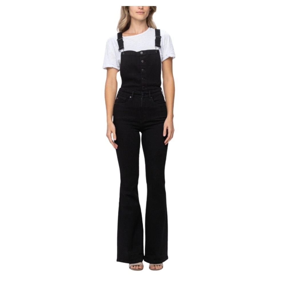 Judy Blue Black Denim Flare‎ Leg Tummy Control Overalls Button Front Raw Hem Med